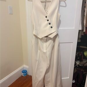 Zara Cream Wide-Leg Jumpsuit with Buttoned Waistcoat Bodice